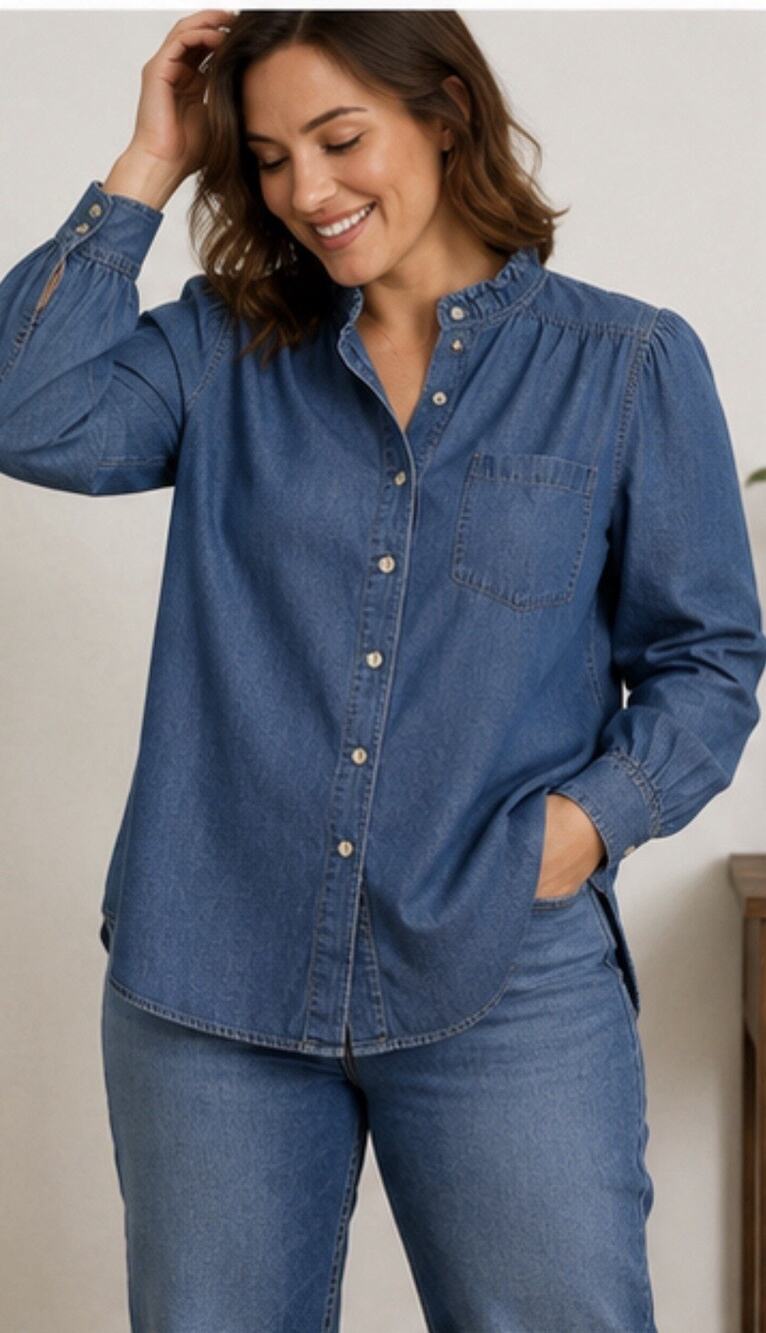 M&Co Womens Denim Shirt US 14 Blue Long Sleeve Button Up Ruffle Collar